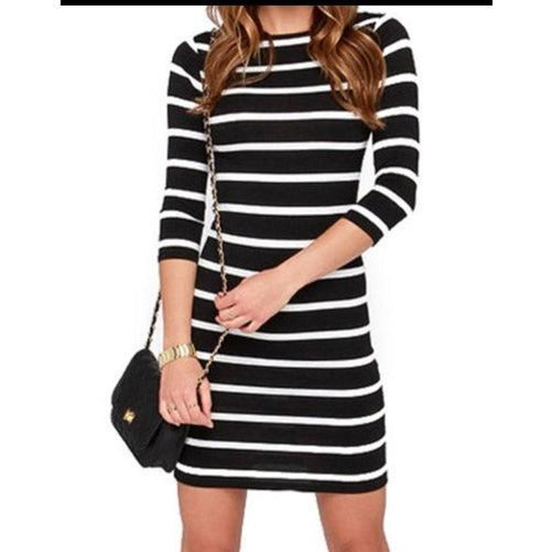 Black and White Striped Bodycon Dress with Sleeves