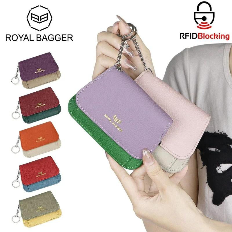 Royal Bagger Multi-Card Slots Short Wallet, Genuine Leather Credit Card Holder, RFID Blocking Card Coin Purse with Keychain 1943