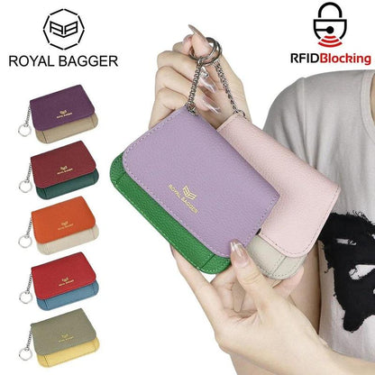 Royal Bagger Multi-Card Slots Short Wallet, Genuine Leather Credit Card Holder, RFID Blocking Card Coin Purse with Keychain 1943