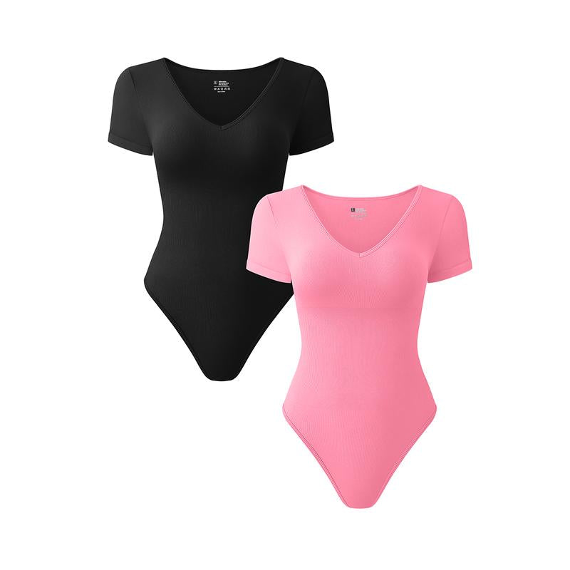 OQQ Women's 2-Piece Ribbed Bodysuit Set - V-Neck Short Sleeve Soft Stretch Fabric