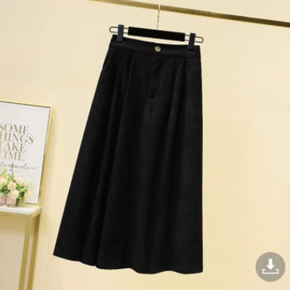 Women's Corduroy Midi A-Line Skirt Oversized Elastic Waist