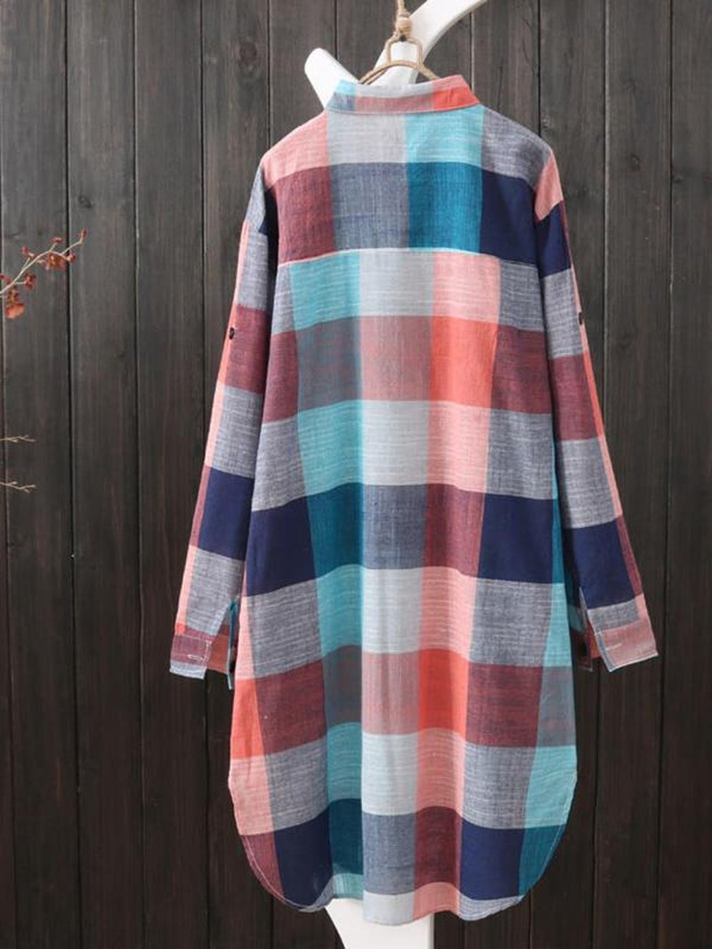 Women'S Plaid Print Button Front High Low Hem Shirt, Casual Long Sleeve Midi Collared Blouse for Spring & Fall, Women'S Clothing for Daily Wear