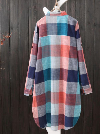 Women'S Plaid Print Button Front High Low Hem Shirt, Casual Long Sleeve Midi Collared Blouse for Spring & Fall, Women'S Clothing for Daily Wear