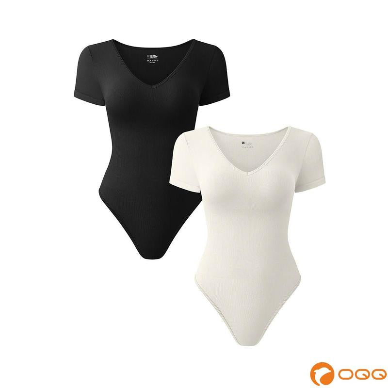 OQQ Women's 2-Piece Ribbed Bodysuit Set - V-Neck Short Sleeve Soft Stretch Fabric