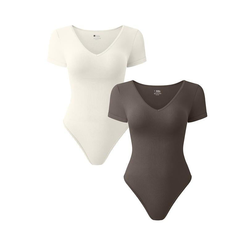 OQQ Women's 2-Piece Ribbed Bodysuit Set - V-Neck Short Sleeve Soft Stretch Fabric