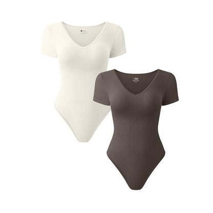 OQQ Women's 2-Piece Ribbed Bodysuit Set - V-Neck Short Sleeve Soft Stretch Fabric