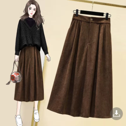 Women's Corduroy Midi A-Line Skirt Oversized Elastic Waist