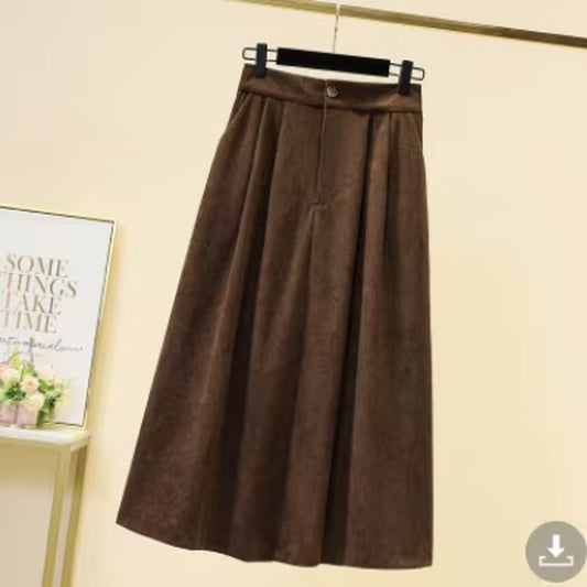 Women's Corduroy Midi A-Line Skirt Oversized Elastic Waist