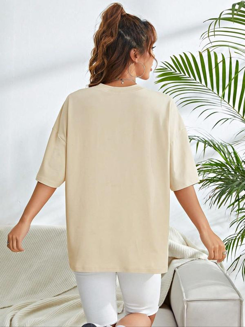 Women'S Floral & Letter Print round Neck Graphic Tee, Vintage Trendy Casual Drop Shoulder Half Sleeve T-Shirt for Daily Wear, Ladies Summer Outfit