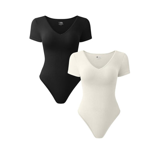 OQQ Women's 2-Piece Ribbed Bodysuit Set - V-Neck Short Sleeve Soft Stretch Fabric