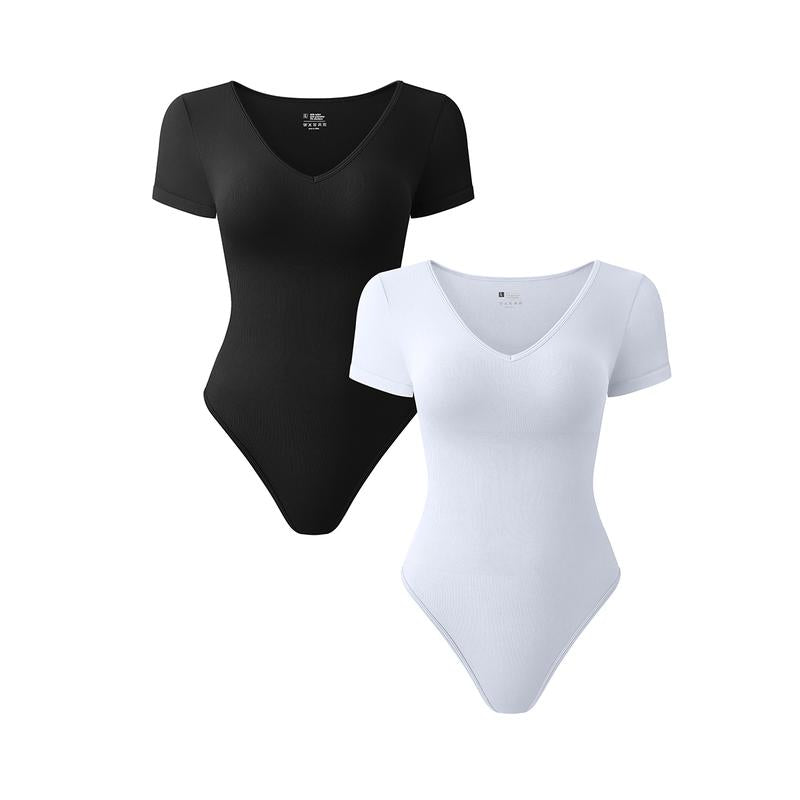OQQ Women's 2-Piece Ribbed Bodysuit Set - V-Neck Short Sleeve Soft Stretch Fabric