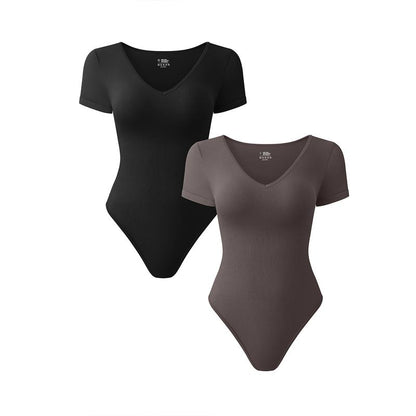 OQQ Women's 2-Piece Ribbed Bodysuit Set - V-Neck Short Sleeve Soft Stretch Fabric