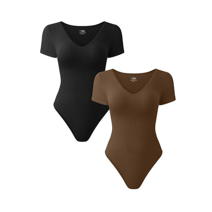 OQQ Women's 2-Piece Ribbed Bodysuit Set - V-Neck Short Sleeve Soft Stretch Fabric