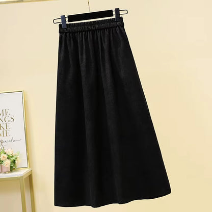 Women's Corduroy Midi A-Line Skirt Oversized Elastic Waist