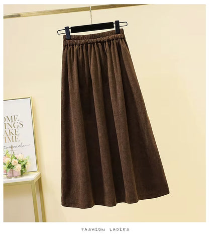 Women's Corduroy Midi A-Line Skirt Oversized Elastic Waist
