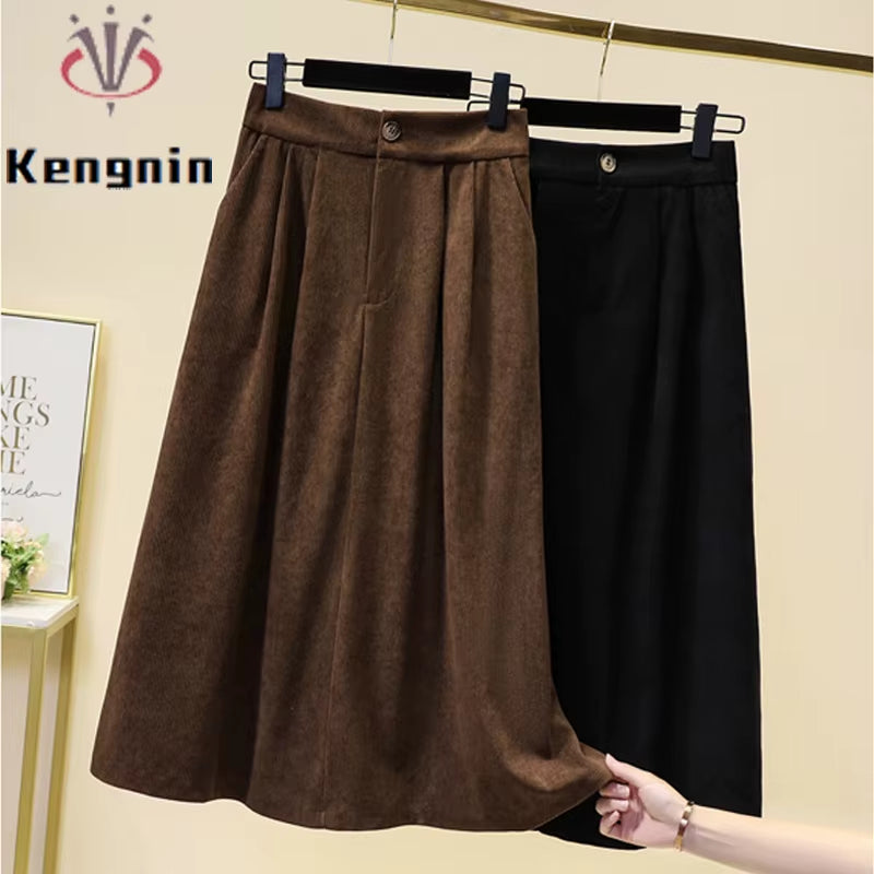 Women's Corduroy Midi A-Line Skirt Oversized Elastic Waist