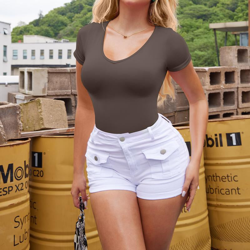 OQQ Women's 2-Piece Ribbed Bodysuit Set - V-Neck Short Sleeve Soft Stretch Fabric