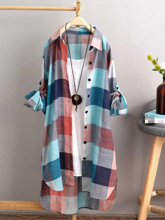 Women'S Plaid Print Button Front High Low Hem Shirt, Casual Long Sleeve Midi Collared Blouse for Spring & Fall, Women'S Clothing for Daily Wear